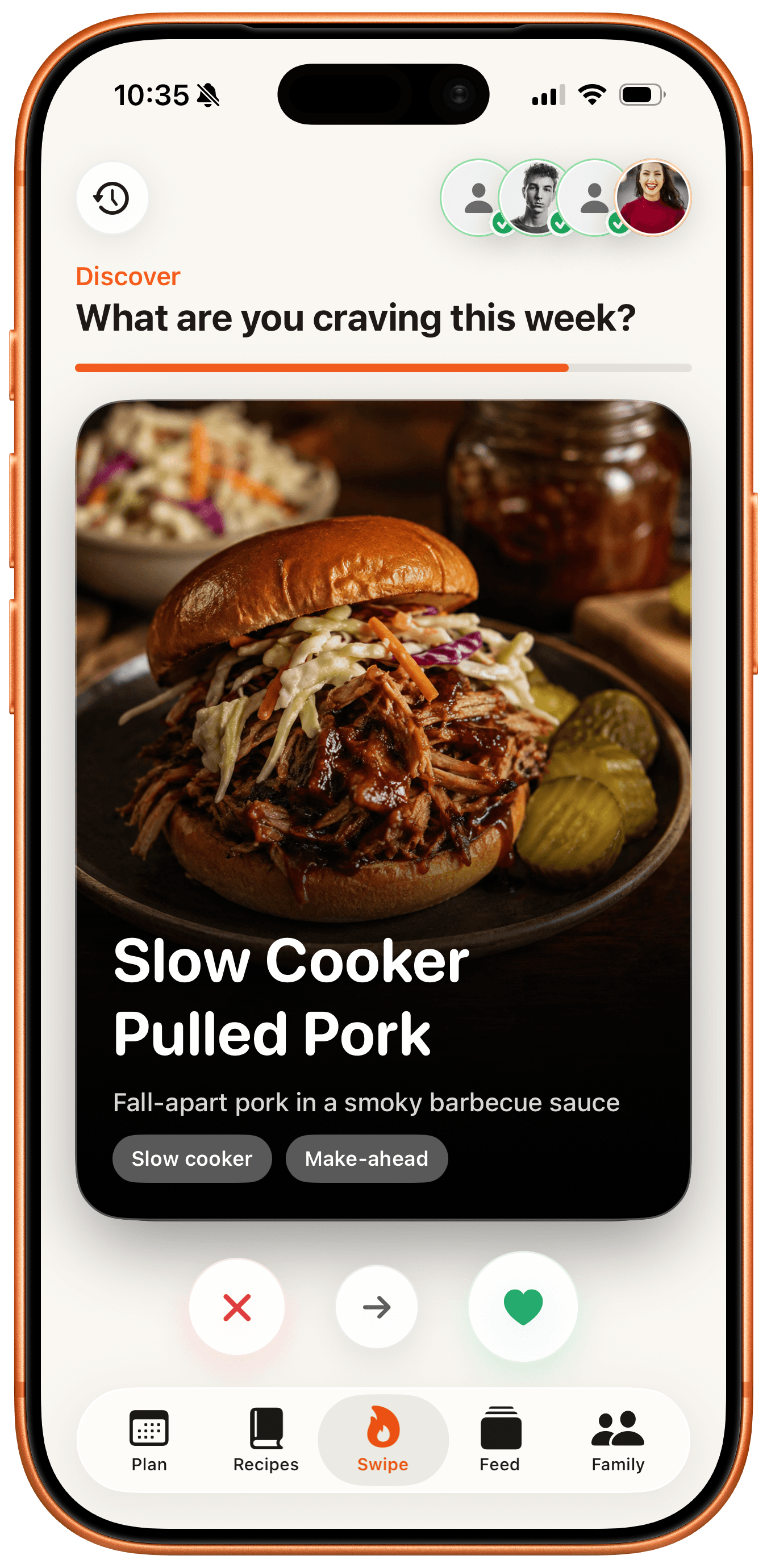 Nomm app showing a Slow Cooker Pulled Pork meal with household members and dislike, skip, and like controls